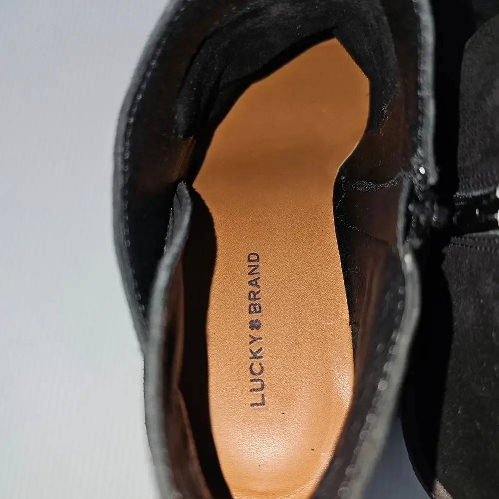 Lucky Brand Macawi Wedge Ankle Bootie Womens 9 Black Suede Square Toe Casual